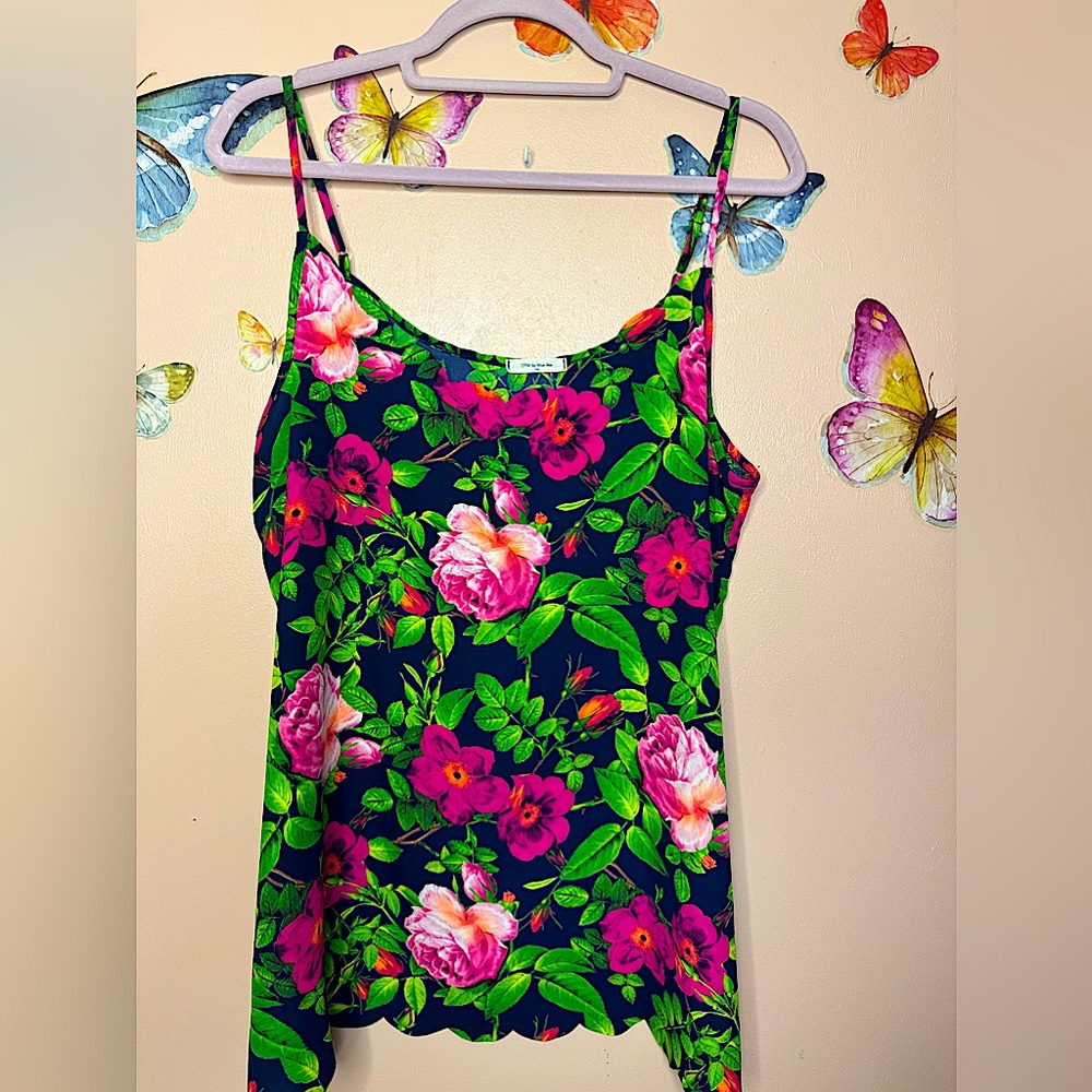 12 Pm By Mon Ami Navy Floral Tank Top with Pink & Green